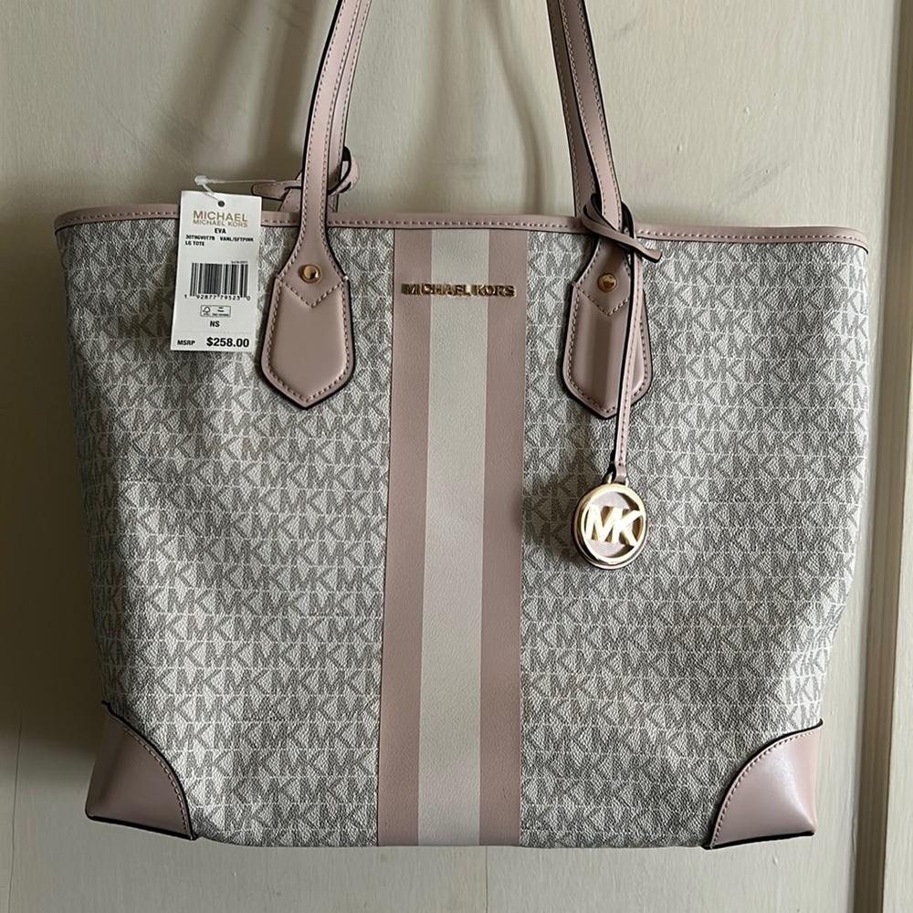 Michael Kors Eva Logo Medium Stripe Tote - Pink and Ivory